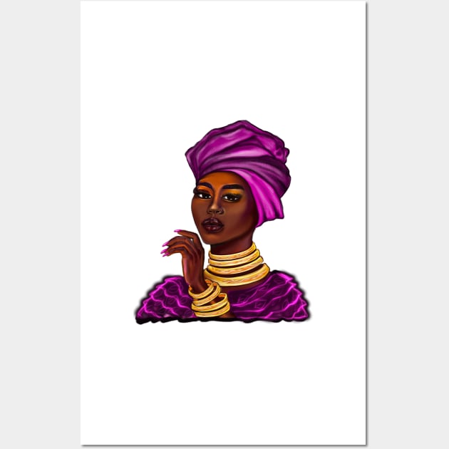 Queen Black is beautiful iii black girl with Gold bangles, neck ring necklace, purple dress and head wrap, brown eyes and dark brown skin ! Wall Art by Artonmytee